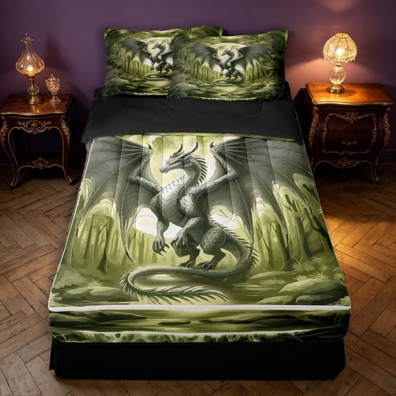 Manfei Gothic Dragon Animals Zipper Twin Comforter Sets with Fitted Sheet and 2 Pillowcases,Vintage Trees Moon Zipper Bedding Set,Green Yellow,Black Reversible,4pcs