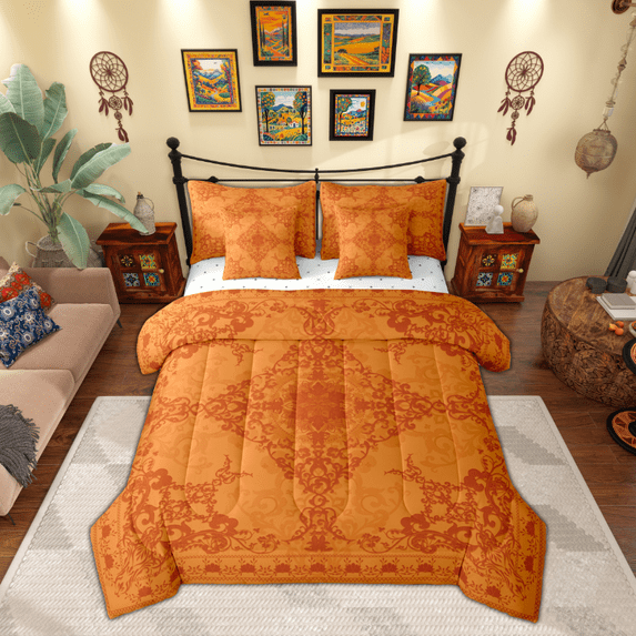 Manfei Gothic Floral 7pcs Bedding Comforter Set,Retro Flower Floral Queen Bedding Sets,Orange Queen Sheet Sets For Kids,Breathable Home Decor Reversible