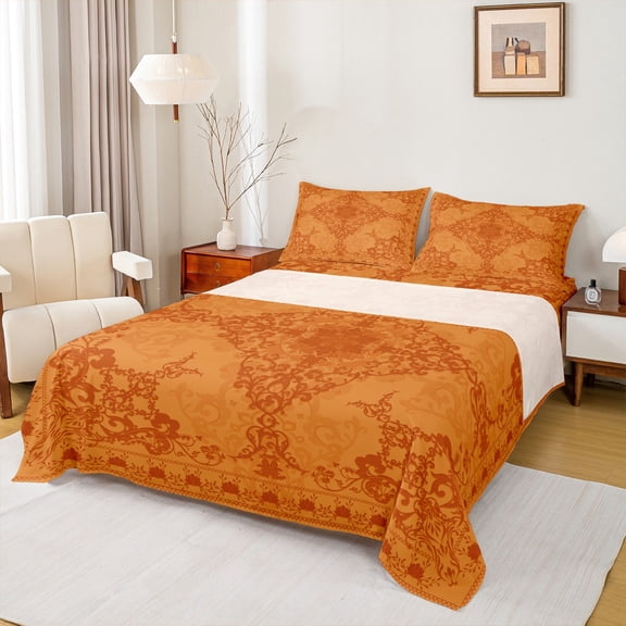 Manfei Gothic Floral Bed Sheets,Retro Flower Floral King Sheets,Orange Sheet Set For Kids,Breathable Home Decor,4-Piece