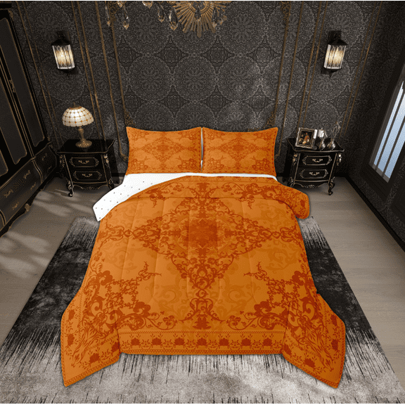 Manfei Gothic Floral Full Size Comforter Sets,Retro Flower Floral Bedding Comforter Set,Orange Bedding Sets For Kids,Breathable Home Decor Reversible,3 Pieces