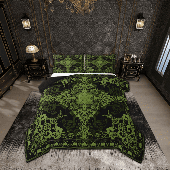 Manfei Gothic Floral King Size Comforter Sets,Retro Flower Floral Bedding Comforter Set,Green Black Bedding Set For Kids,Breathable Home Decor Reversible,3pcs