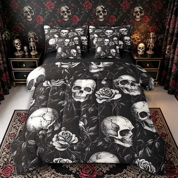 Manfei Gothic Floral Skull Full Size Bedding Sets 7 Pieces, Halloween Vintage Rose Flower Full Size Bed in a Bag, Black White Cream,Black Reversible