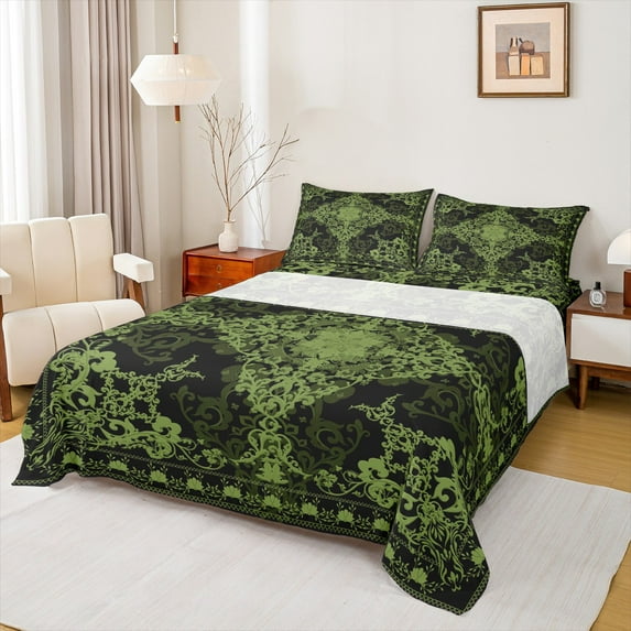 Manfei Gothic Floral Twin Sheet Sets,Retro Flower Floral Twin Fitted Sheet,Green Black Flat Sheet For Kids,Breathable Home Decor,3pcs