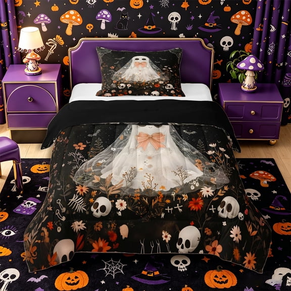 Manfei Gothic Ghost Twin Comforter Sets 2pcs, Halloween Spooky Sugar Skull Bat Flower Bedding Set, Black Orange White,Black Reversible,1 Comforter and 1 Pillowcase
