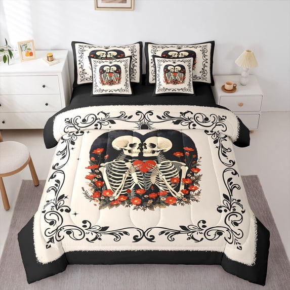 Manfei Gothic Halloween 7-Piece King Bedding,Skeletons Pattern King Bed in a Bag,Beige,Black Reversible