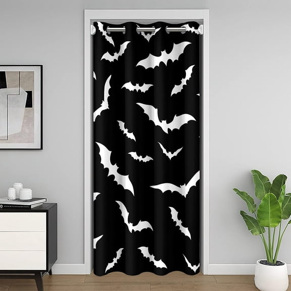 Manfei Gothic Halloween Bat Door Curtain For Door Window 34x80, Black White Cartoon Door Curtain Panel 34x80, Teens Kids Boys Girls Room Divider Curtain, Door Curtain Party Decor