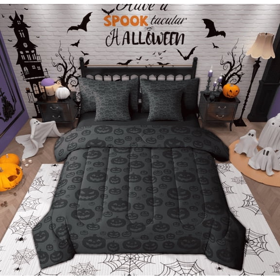 Manfei Gothic Halloween Bed in a Bag Twin size, Gothic Pumpkin Bed Set, Teens Boys Girls Reversible Bedding Twin Size, Microfiber Bedroom Decoration, 7 Pieces
