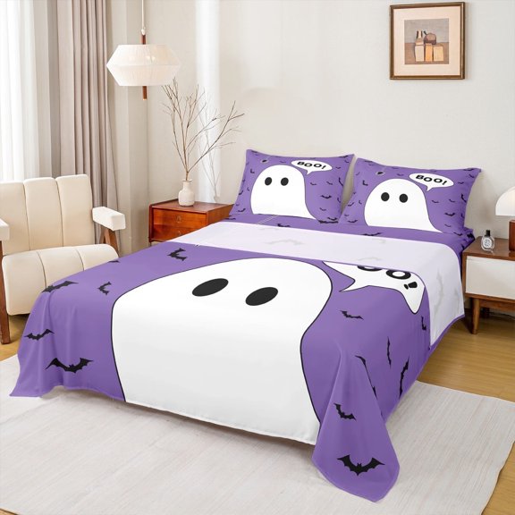 Manfei Gothic Halloween Bed Sheets Set King Size, Spooky Ghost Bed Sheets King, Bat Print Bedding King Size, Microfiber Bedroom Decorative, 4 Pieces