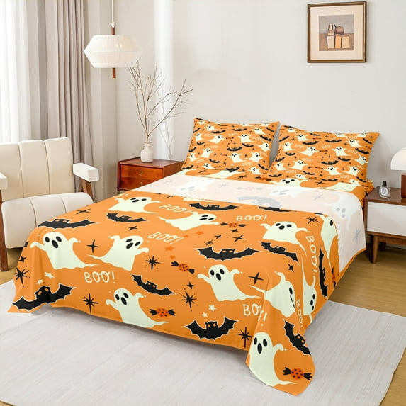 Manfei Gothic Halloween Bed Sheets Twin, Spooky Ghost Twin Sheet Sets, Bat Print Bedding Sets Twin Size, Ultra Soft Bedroom Decoration, 3 Pieces