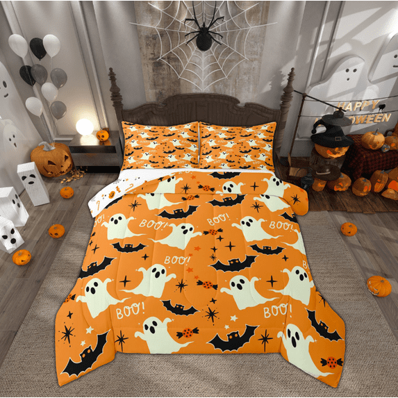 Manfei Gothic Halloween Bedding Comforter Set, Spooky Ghost Down Comforter, Bat Print Reversible Duvet Insert, Ultra Soft Bedroom Decoration, 2 Pieces