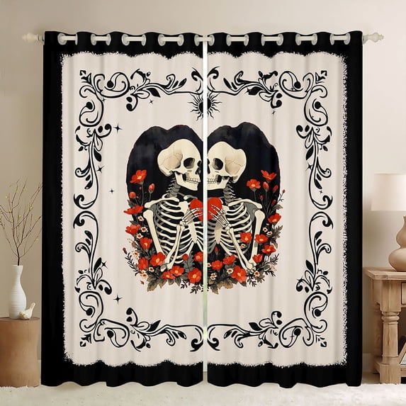 Manfei Gothic Halloween Blackout Curtains,Skeletons Pattern Curtains Pack of 2 (42x84 Each),Beige