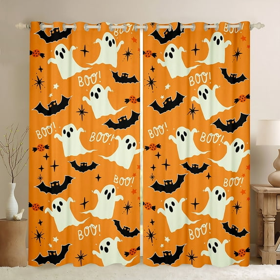 Manfei Gothic Halloween Curtains and Drapes (38x45), Spooky Ghost Curtains Pack of 2, Bat Print Black Out Curtains, Window Drapes Bedroom Decoration