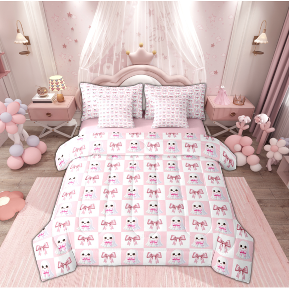 Manfei Gothic Halloween Ghost Twin Bedding Sets 7-Piece for Kid, Kawaii Cartoon Bow Bedding Comforter Set, Pink Buffalo Plaid Reversible Sheet Sets, Breathable Home Decor