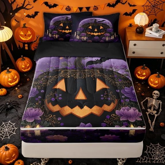 Manfei Gothic Halloween Pumpkin Zipper Full Size Comforter Sets with Fitted Sheet and 2 Pillowcases for Kids, Purple Lotus Floral Candle Zipper Bedding Set, Black Reversible, 4 Pieces