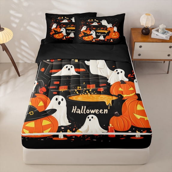 Manfei Gothic Halloween Pumpkin Zipper Full Size Comforter Sets with Fitted Sheet and 2 Pillowcases,Lovely Ghosts Zipper Bedding Set,Black,Black Reversible,4pcs