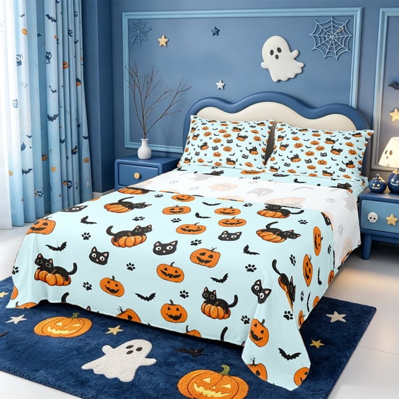 Manfei Gothic Halloween Queen Sheets,Cute Halloween Theme Kitten Queen Sheet Sets,4 Pieces,1 Flat Sheet,1 Fitted Sheet and 2 Pillowcases