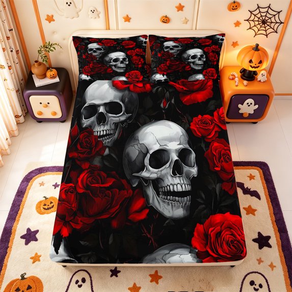 Manfei Gothic Halloween Skull Fitted Sheet Full,Red Flowers Blossom Bed Set,3pcs,1 Fitted Sheet and 2 Pillowcases