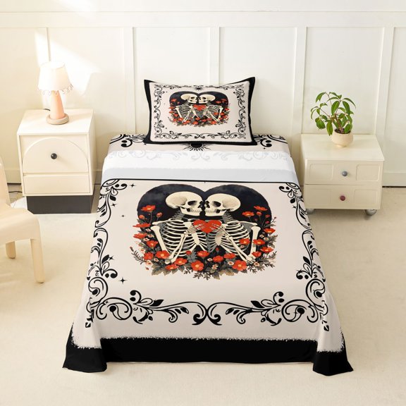 Manfei Gothic Halloween Twin Sheets,Skeletons Pattern Bedding,Beige,3 Pieces,1 Fitted Sheet and 1 Pillowcase