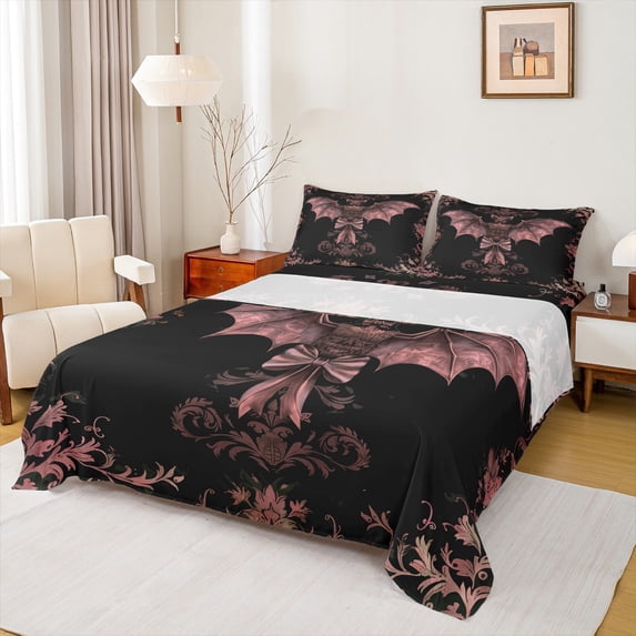 Manfei Gothic Hippie Bat Bed Sheets, Western Tribal Damask King Sheets, Boho Mandala Flower Sheet Set, Super Cozy Room Decor, 4-Piece