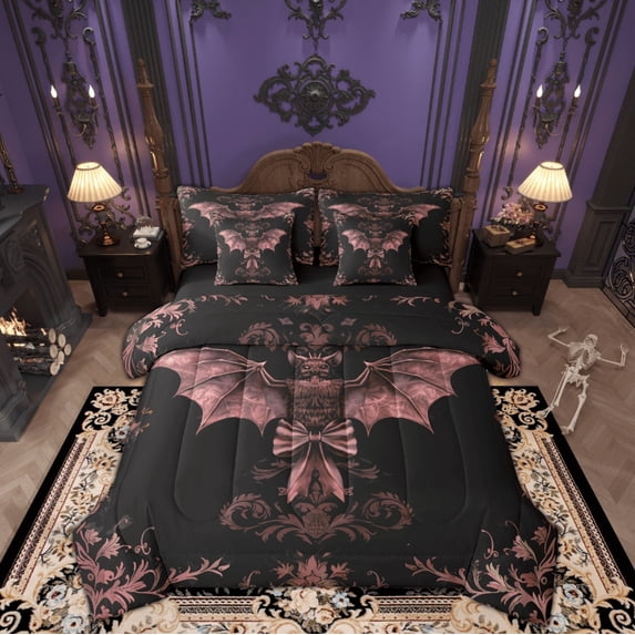 Manfei Gothic Hippie Bat Bedding Comforter Set 7 Pieces, Western Tribal Damask Full Bedding Set, Boho Mandala Flower Reversible Fitted Sheet Flat Sheet, Super Cozy Room Decor