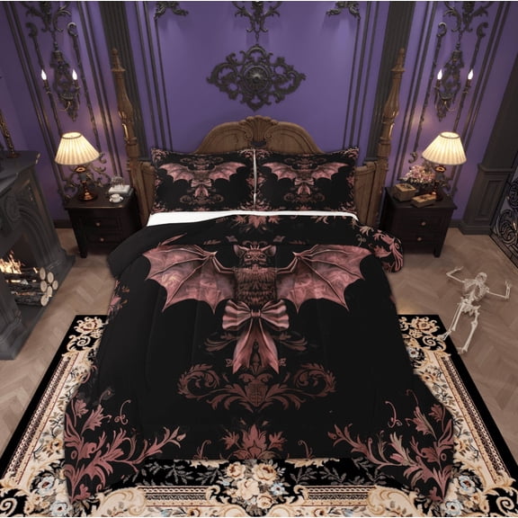 Manfei Gothic Hippie Bat Bedding Comforter Set, Western Tribal Damask Twin Comforter Sets, Boho Mandala Flower Reversible Bedding Set, Super Cozy Room Decor, 2-Piece