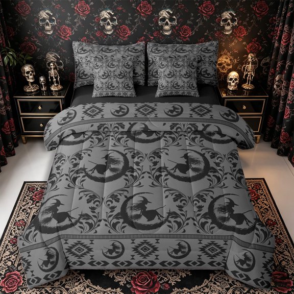 Manfei Gothic Moon Witch 7-Piece Twin Bedding, Halloween Tribal Aztec Baroque Damask Bedding Comforter Set, Gray Black,Black Reversible