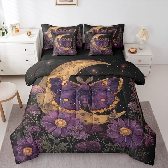 Manfei Gothic Moth 7-Piece Bedding Comforter Set,Purple Daisy Flower King Bedding Sets,Moon Pattern Bed Sheets For Girl Kids,Breathable Home Decor Reversible