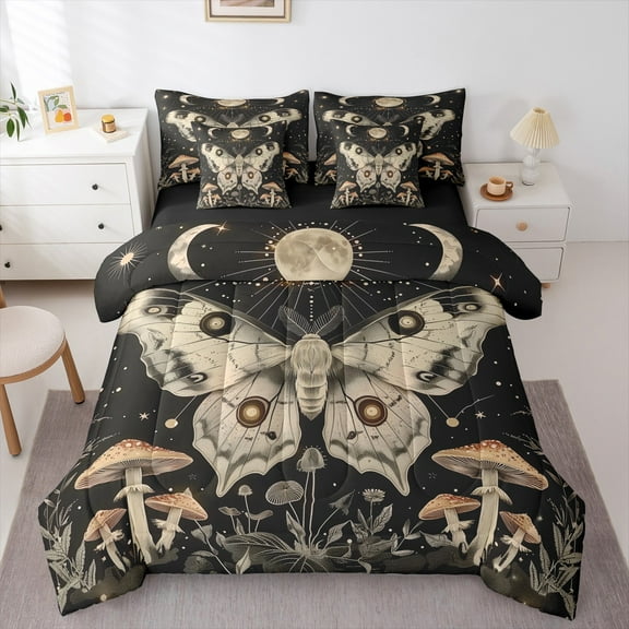 Manfei Gothic Moth 7-Piece Twin Bedding Sets,Rustic Mushroom Bedding Comforter Set,Country Flower Floral Sheet Sets For Boys Teens,Super Cozy Room Decor Reversible