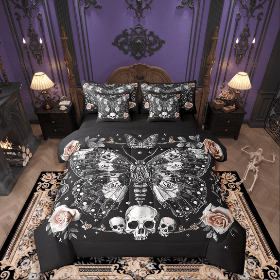 Manfei Gothic Moth Bedding Queen Size,Floral Skull Comforter Sets with Sheets,Exotic Style Bedding Sets Queen Size,Ultra Soft Halloween Room Decorative,Reversible,7pcs