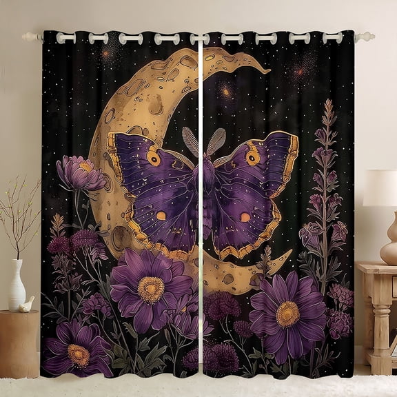 Manfei Gothic Moth Blackout Curtains Set of 2 (52x84 Each),Purple Daisy Flower Window Curtains,Moon Pattern Curtains and Drapes For Girl Kids,Breathable Home Decor