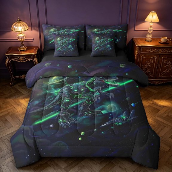 Manfei Gothic Robot Dino Animals 7 Pieces Full Size Bedding Sets,Vintage Stars Full Size Bed in a Bag,Purple Green,Black Reversible