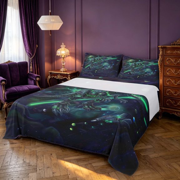 Manfei Gothic Robot Dino Animals Bed Sheets,Vintage Stars Full Size Sheets,Purple Green,4-Piece,1 Flat Sheet,1 Fitted Sheet and 2 Pillowcases