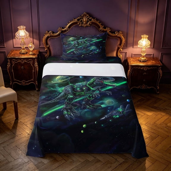 Manfei Gothic Robot Dino Animals Twin Sheets,Vintage Stars Bedding,Purple Green,3pcs,1 Flat Sheet,1 Fitted Sheet and 1 Pillowcase
