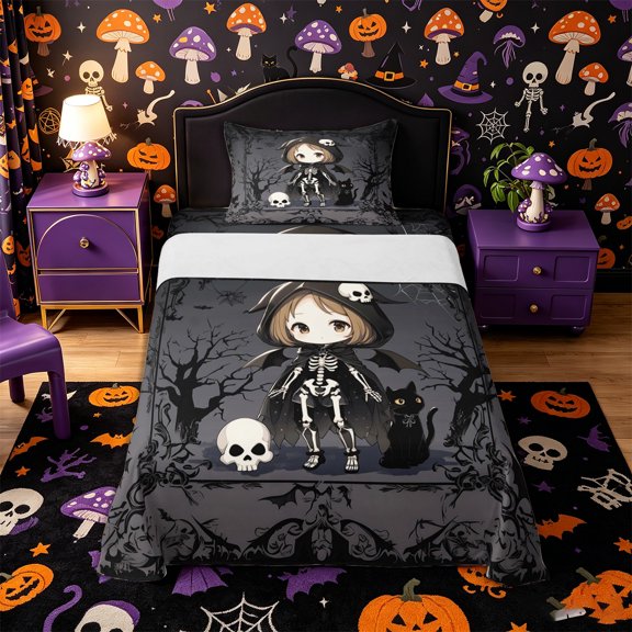 Manfei Gothic Skeleton Girl Twin Sheets 3pcs, Halloween Spooky Black Cat Cobweb Bedding, Black White Gray,1 Fitted Sheet, 1 Flat Sheet and 1 Pillowcase