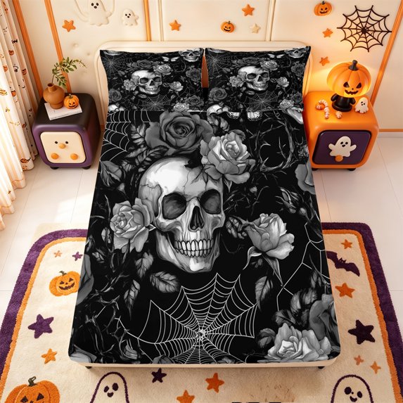 Manfei Gothic Skeleton Halloween Fitted Sheet Full,Gray Rustic Floral Bed Set,3 Pieces,1 Fitted Sheet and 2 Pillowcases