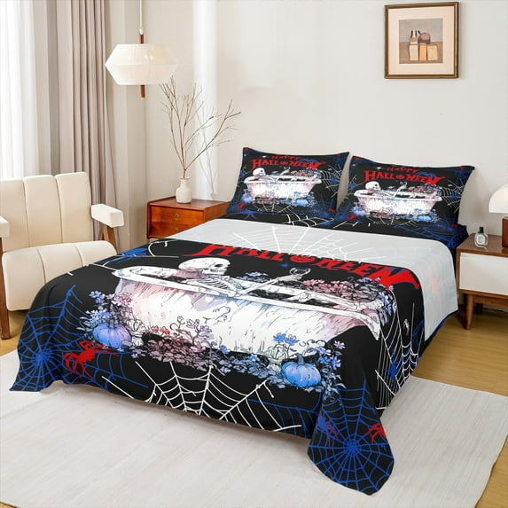 Manfei Gothic Skeleton Kids Full Size Sheets, Happy Halloween Bed Sheets, Rustic Flower Floral Sheet Sets, Lightweight Room Decor, 4-Piece
