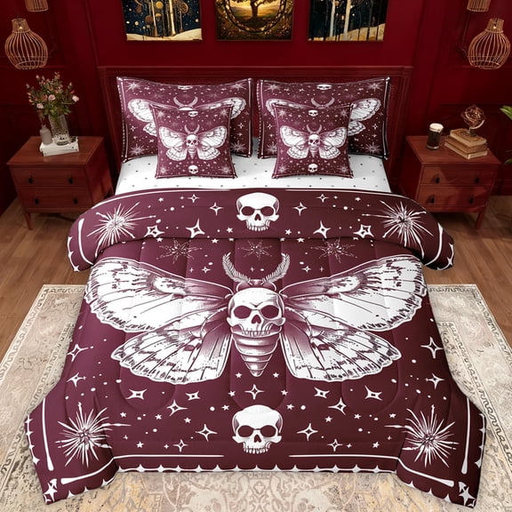 Manfei Gothic Skeleton Moth 7-Piece Twin Bedding Sets,Boho bohemian Theme Bedding Comforter Set,Red White Sheet Sets For Men Women,Ultra Soft Home Decor Reversible