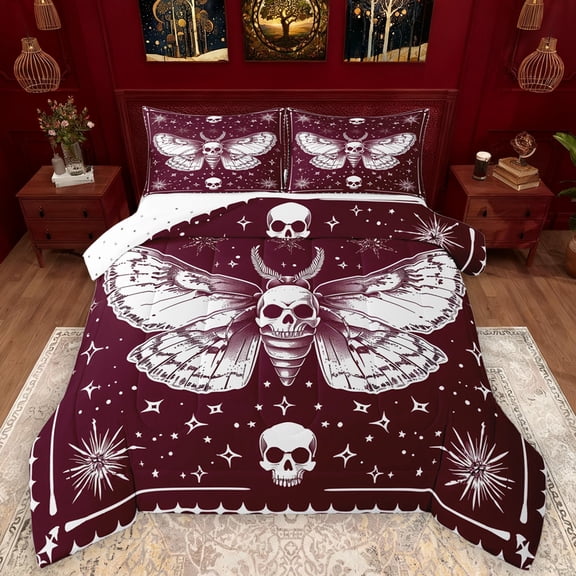 Manfei Gothic Skeleton Moth Bedding Comforter Set,Boho bohemian Theme Twin Comforter Sets,Red White Bedding Set For Men Women,Ultra Soft Home Decor Reversible,2-Piece