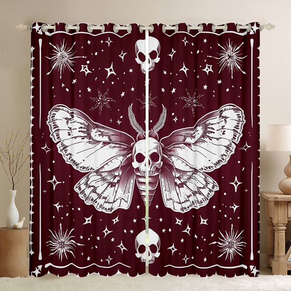 Manfei Gothic Skeleton Moth Black Out Curtains,Boho bohemian Theme Curtains Pack of 2 (42x63 Each),Red White Bedroom Curtains For Men Women,Ultra Soft Home Decor