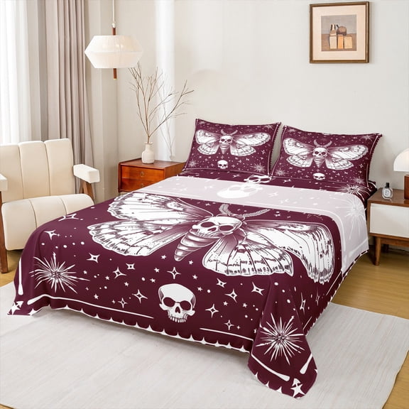 Manfei Gothic Skeleton Moth Twin Sheet Sets,Boho bohemian Theme Twin Fitted Sheet,Red White Flat Sheet For Men Women,Ultra Soft Home Decor,3-Piece