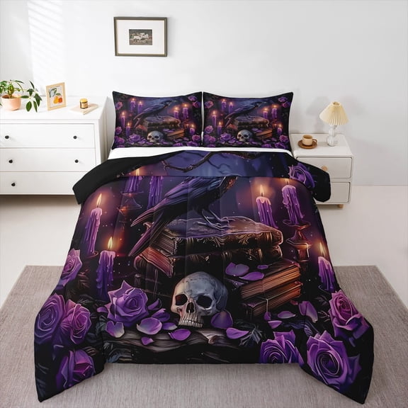 Manfei Gothic Skeleton Raven Bedding Comforter Set,Purple Rose Flower Twin Comforter Sets,Happy Halloween Bedding Set For Boys Girls,Luxury Bedroom Decor Reversible,2 Pieces