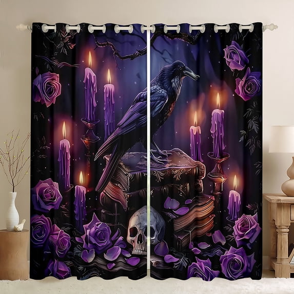 Manfei Gothic Skeleton Raven Blackout Curtains Set of 2 (52x84 Each),Purple Rose Flower Window Curtains,Happy Halloween Curtains and Drapes For Boys Girls,Luxury Bedroom Decor