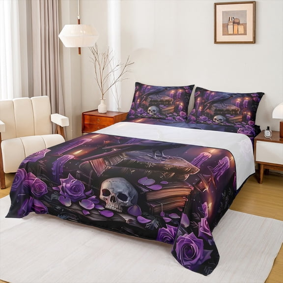 Manfei Gothic Skeleton Raven Queen Sheet Sets,Purple Rose Flower Flat Sheet,Happy Halloween Queen Fitted Sheet For Boys Girls,Luxury Bedroom Decor,4-Piece