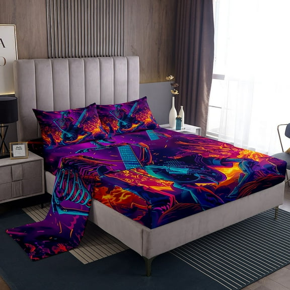 Manfei Gothic Skeleton Sheet Set Twin,Music Theme Bedding Sets Twin Size,Happy Halloween Twin Sheet Sets,Lightweight Gothic Room Decor,3pcs