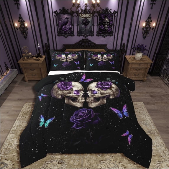Manfei Gothic Skull 2pcs Bedding Comforter Set,Butterfly Rose Twin Comforter Sets,Starry Sky Breathable Bedding Set,Super Cozy Universse Room Decor,Reversible