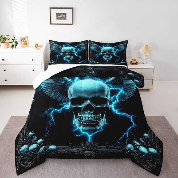 Manfei Gothic Skull 3 Pieces Queen Comforter Set for Kids Boys Teens,Abstract Angel Wing Ultra Soft Bedding Sets,Blue Lightning Bedding Comforter Set Breathable,Exotic Style Breathable Home Decor