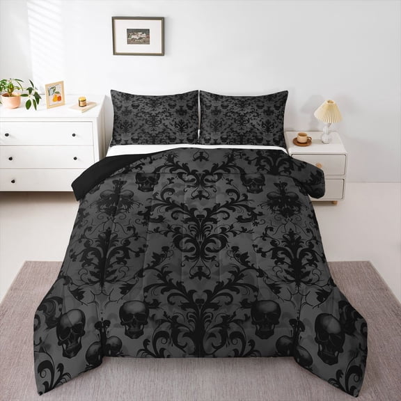 Manfei Gothic Skull 3 Pieces Queen Comforter Set for Teens Female Men,Gradient Black Ultra Soft Bedding Sets,Boho Damask Bedding Comforter Set,Ultra Soft Home Decor,Reversible