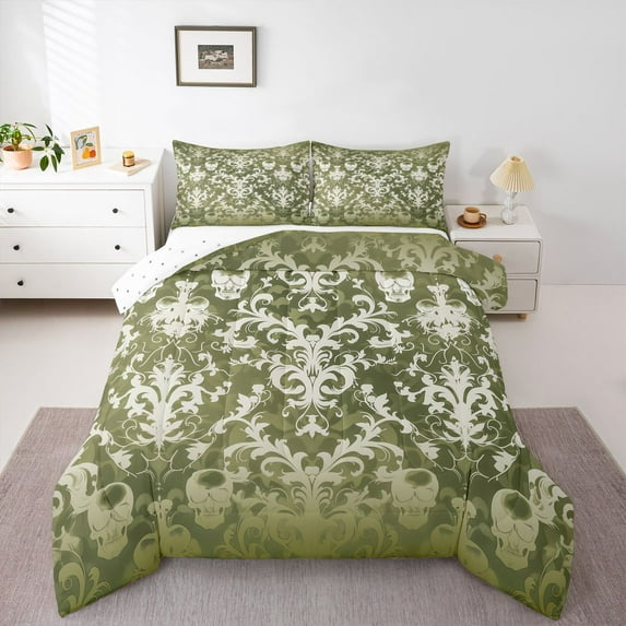 Manfei Gothic Skull 3 Pieces Queen Comforter Set for Teens Female Men,Gradient Green Ultra Soft Bedding Sets,Boho Damask Bedding Comforter Set,Ultra Soft Home Decor,Reversible