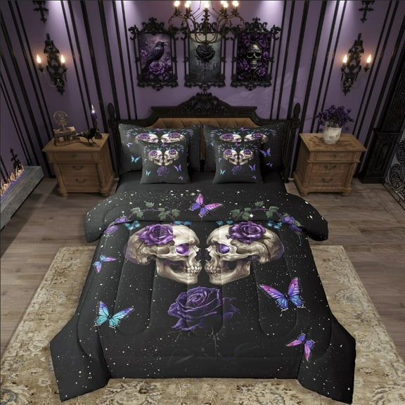 Manfei Gothic Skull 7-Piece Bedding Comforter Set,Butterfly Rose King Bedding Sets,Starry Sky Ultra Soft Bed Sheets,Super Cozy Universse Room Decor,Reversible