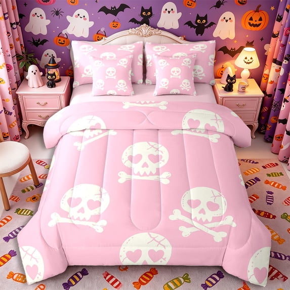 Manfei Gothic Skull 7-Piece Twin Bedding, Happy Halloween Bedding Comforter Set, Pink White Cream,Pink Reversible